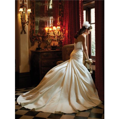 Slim A Line Sweetheart Ivory Satin Ruched Wedding Dress With Swarovski Crystal