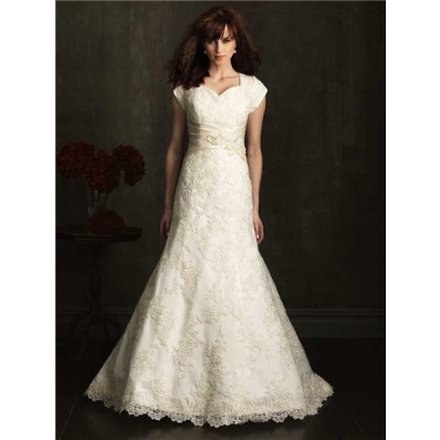 Slim Fitted Mermaid Sweetheart Ivory Lace Modest Wedding Dress With Sash Buttons