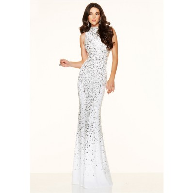 Slim High Neck Side Cut Out Long White Jersey Beaded Prom Dress
