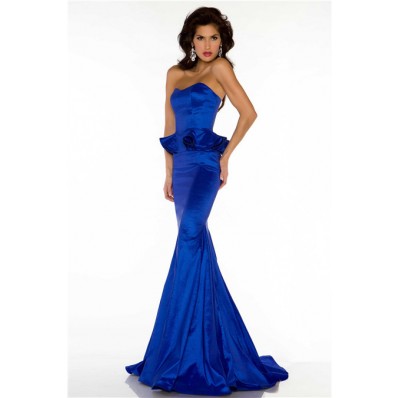 Slim Mermaid Strapless Long Royal Blue Taffeta Peplum Special Occasion Evening Dress