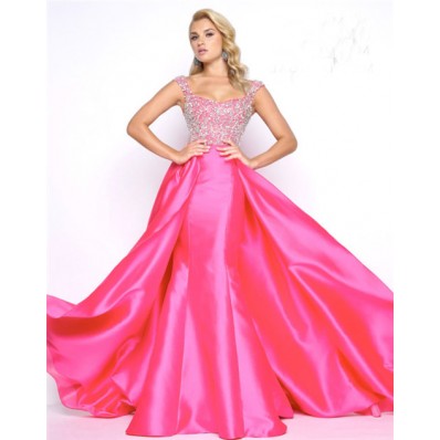 Stunning Cap Sleeve Strap Hot Pink Taffeta Beaded Prom Dress With Overskirt