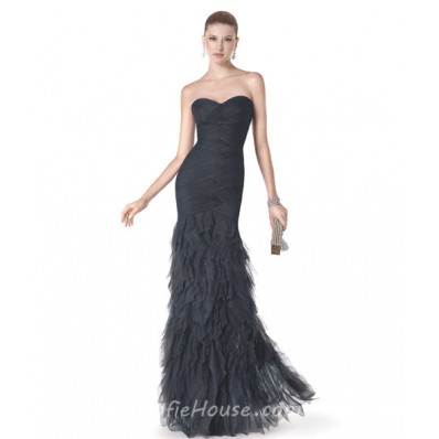 Stunning Mermaid Strapless Sweetheart Black Tulle Ruffle Long Evening Dress