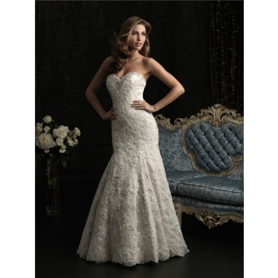 Stunning Mermaid Strapless Sweetheart Lace Beaded Wedding Dress With Train