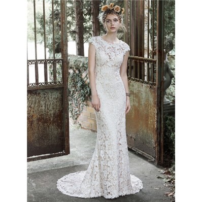 Stunning Sheath Scoop Neckline Cap Sleeve Vintage Lace Wedding Dress With Buttons