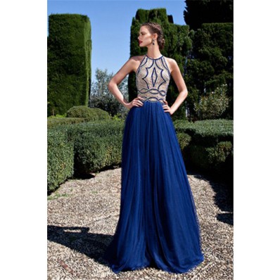 Stunning Sheer Illusion Back Long Royal Blue Tulle Beaded Prom Dress