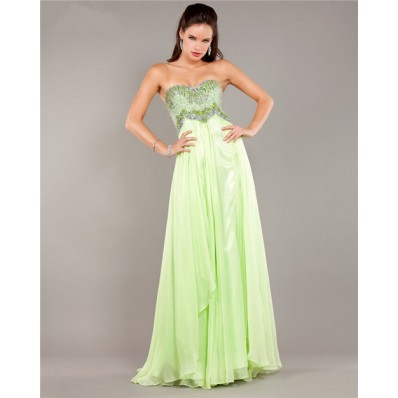 Stunning Strapless Empire Waist Long Light Green Chiffon Beaded Prom Dress