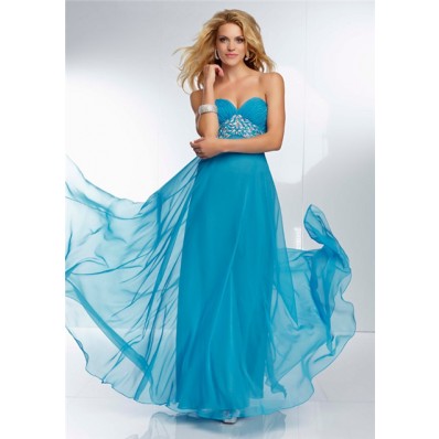 Sweetheart Empire Waist Flowing Long Turquoise Blue Chiffon Beaded Prom Dress