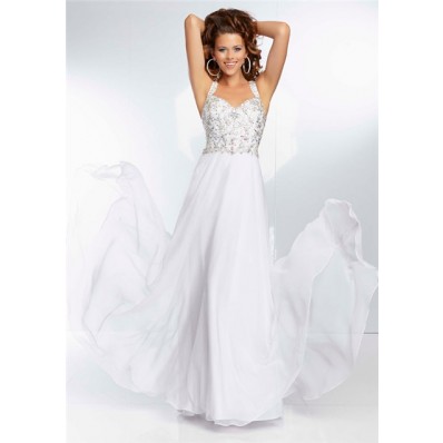 Sweetheart Neckline Flowing Long White Chiffon Beaded Prom Dress With Straps