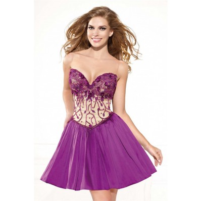 Sweetheart Open Back Purple Taffeta Beaded Prom Dress With Bow