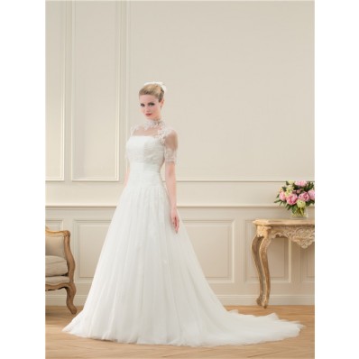 Traditional A Line Strapless Tulle Lace Beaded Wedding Dress Short Sleeve Jacket