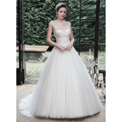 Traditional Ball Gown Cap Sleeve Backless Tulle Lace Beaded Wedding Dress