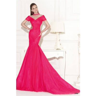 Trumpet Illusion Neckline Hot Pink Tulle Ruched Prom Dress With Sleeves