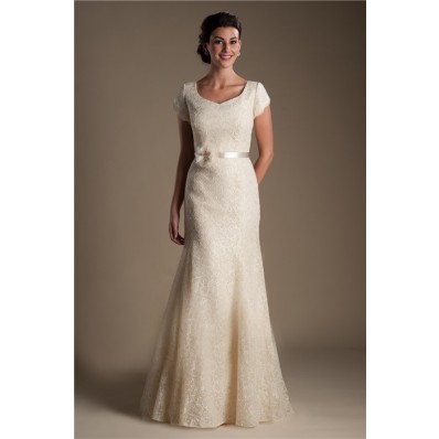 Trumpet Mermaid Cap Sleeve Champagne Lace Modest Wedding Dress With Flower Sash