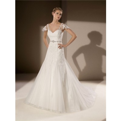 Trumpet Mermaid V Neck And Back Cap Sleeve Tulle Lace Wedding Dress With Bow Sash