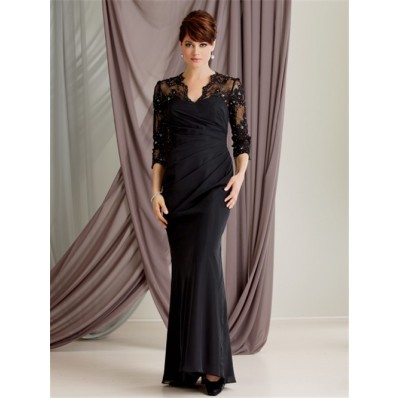 Trumpet/Mermaid scalloped long black lace modest mother of the bride dress with sleeves
