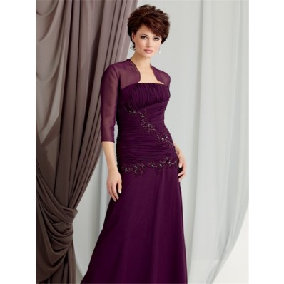 Elegant sheath strapless floor length purple chiffon mother of the bride dress with jacket