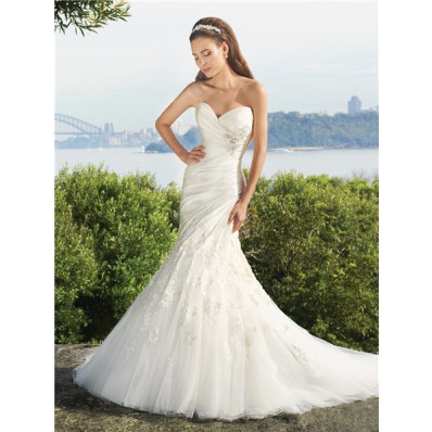 Trumpet/Mermaid sweetheart court train satin tulle wedding dress with appliques