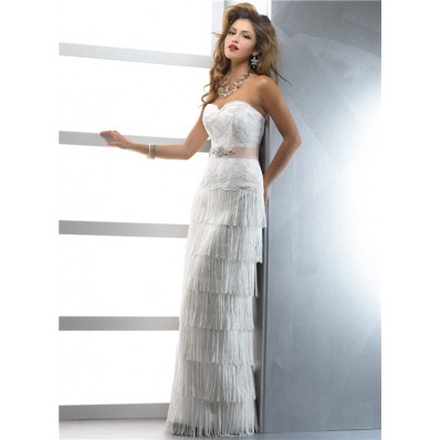 Unique Couture Sheath Sweetheart Lace Fringe Wedding Dress With Crystal Belt Slit