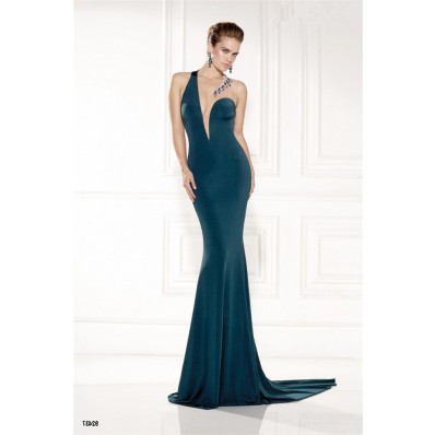 Unique Illusion Neckline Teal Jersey Tulle Beaded Evening Prom Dress