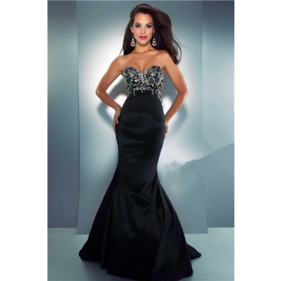 Unique Mermaid Sweetheart Long Black Satin Beaded Crystal Evening Prom Dress