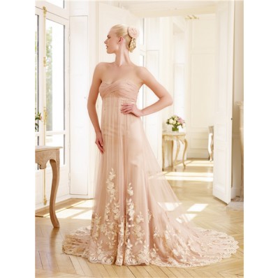Unique Strapless Sweetheart Empire Waist Peach Tulle Lace Pearl Colored Wedding Dress