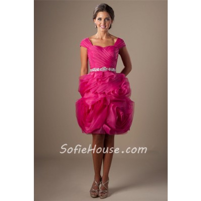 Unique Sweetheart Cap Sleeve Hot Pink Organza Floral Ruffle Short Prom Dress
