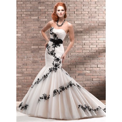 Unique Trumpet/ Mermaid Strapless Champagne Black Lace Wedding Dress With Sash