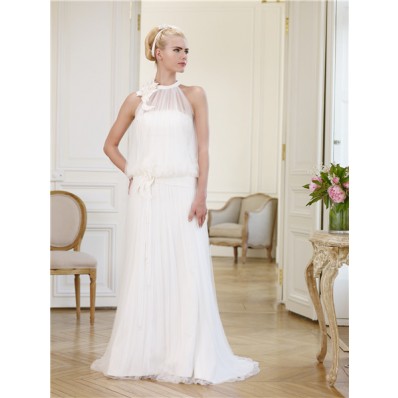 Unusual High Neck Ruched Tulle Casual Wedding Dress With Flowers