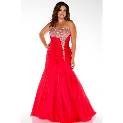Unusual Mermaid Strapless Long Cherry Red Chiffon Beaded Plus Size Prom Dress