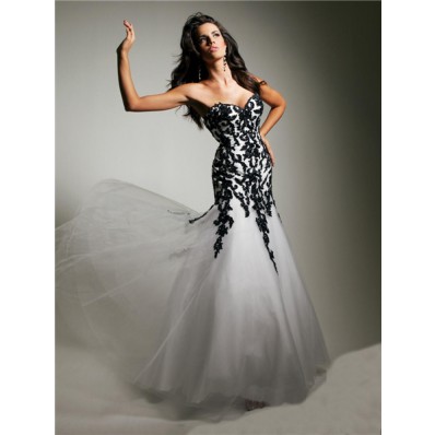 Unusual Mermaid Sweetheart Long White Tulle Black Lace Evening Prom Dress