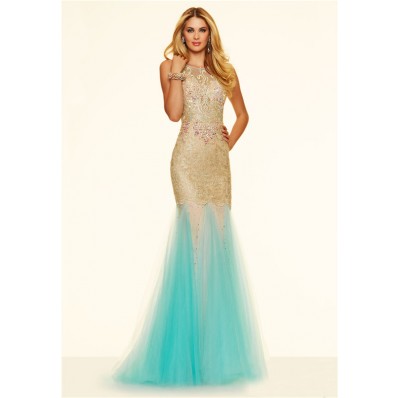 Unusual Slim Mermaid Backless Gold Lace Aqua Tulle Prom Dress