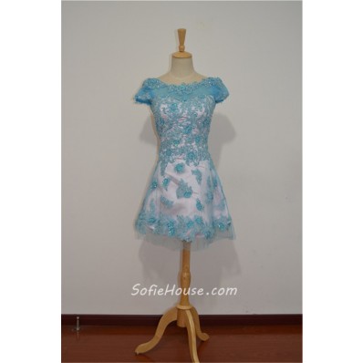 A Line Bateau Neck Short Sleeve Mini Pink Tulle Blue Lace Prom Dress V Back