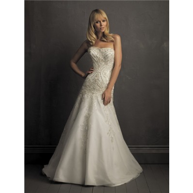 A Line Strapless Satin Organza Wedding Dress With Embroidery Beading Pearl
