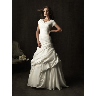 A line chapel train taffeta ruched modest wedding dress with short sleeves