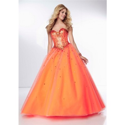 Ball Gown Sweetheart Drop Waist Orange Tulle Beaded Sparkly Prom Dress Corset Back