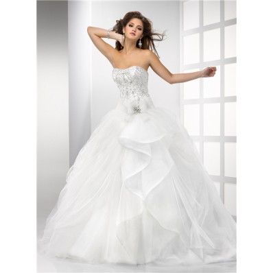 Ball Gown Sweetheart Puffy Tulle Wedding Dress With Embroidery Beading Crystal Detachable Straps