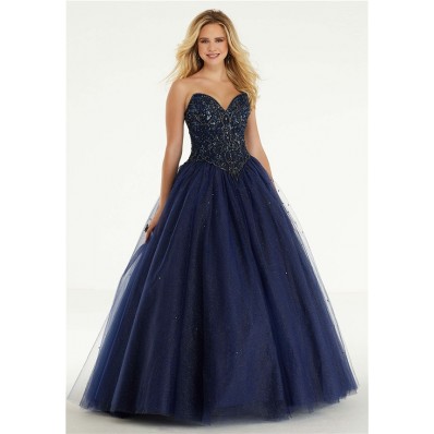Ball Gown Strapless Drop Waist Navy Blue Tulle Beaded Prom Dress
