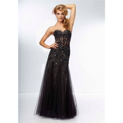 Fitted Sweetheart Sheer See Through Long Black Tulle Lace Beaded Prom Dress
