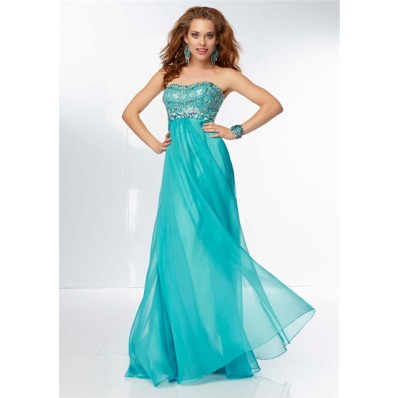 Elegant Sweetheart Neckline Long Turquoise Chiffon Beaded Prom Dress ...