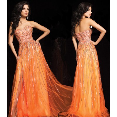 A Line Sweetheart Long Orange Tulle Sparkly Sequin Beaded Prom Dress