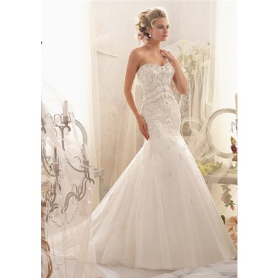 Fit And Flare Mermaid Sweetheart Tulle Lace Beaded Wedding Dress With Pearls Crystal