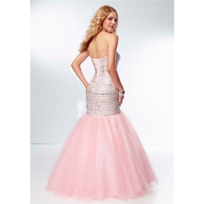 Gorgeous Mermaid Sweetheart Light Pink Tulle Beaded Sparkly Prom Dress Corset Back