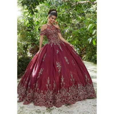 Quinceanera Dress Ball Gown Prom Dress Burgundy Tulle Gold Lace Cold Shoulder