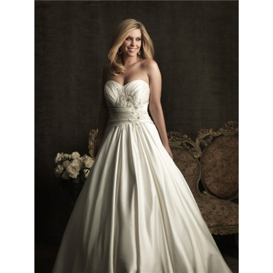Royal A line sweetheart court train satin plus size vintage wedding dress with pleats and buttons