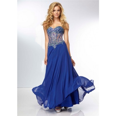 A Line Sweetheart Sheer See Through Corset Long Royal Blue Chiffon Beaded Prom Dress