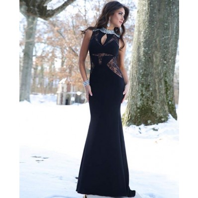 Slim High Neck Keyhole Illusion Sheer Panels Long Black Chiffon Lace Evening Prom Dress