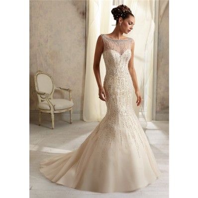 Mermaid Sheer Illusion Neckline See Through Tulle Beaded Wedding Dress With Pearls