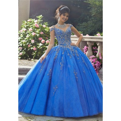 Stunning Ball Gown Prom Dress Blue Tulle Beaded Quinceanera Dress Cold Shoulder Drop Waist