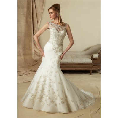 Mermaid Bateau Illusion Neckline Low Back Lace Beaded Wedding Dress With Pearls