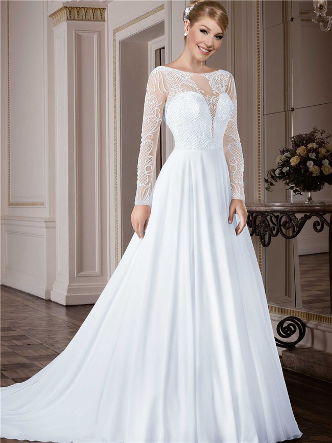 A Line Bateau Neckline Open Back Long Sleeve Tulle Beaded Wedding Dress